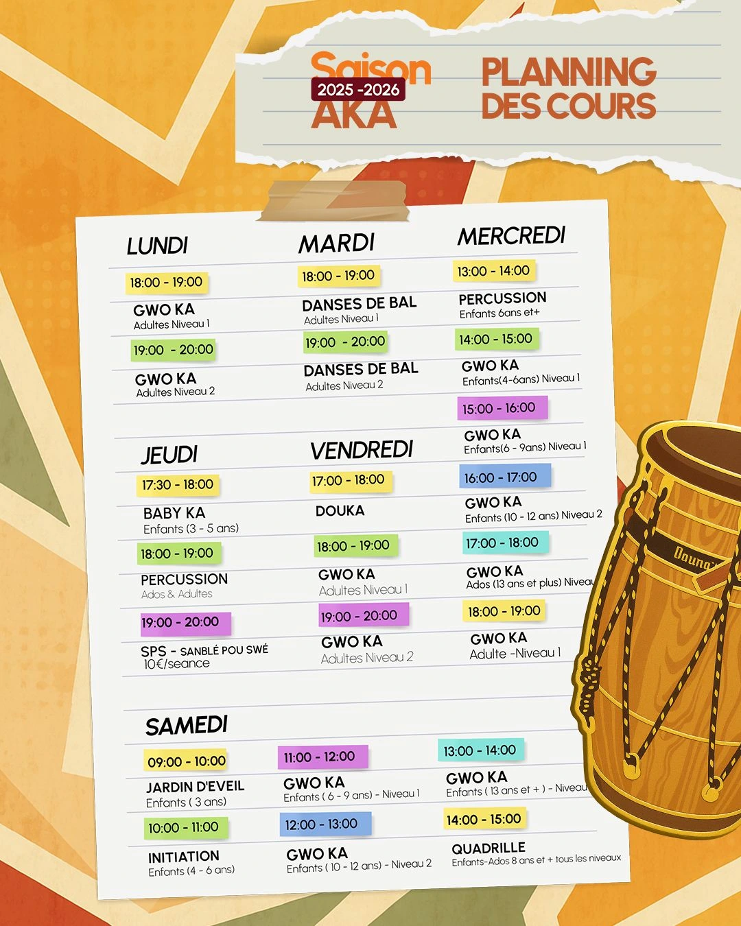 Planning des cours Akadémiduka saison 2025-2026 - Horaires Gwoka, Baby Ka, Danse de bal, Percussion, Douka du lundi au samedi à Pointe-à-Pitre